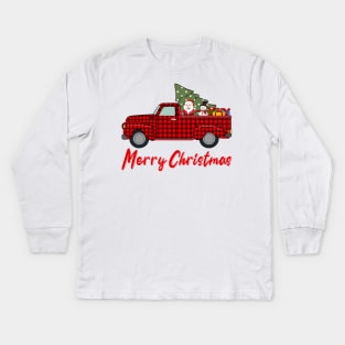 Merry Christmas Funny Buffalo Plaid Truck Kids Long Sleeve T-Shirt